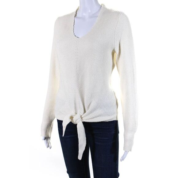 Moth Anthropologie Womens Ribbed Knit V Neck Tie Front Sweater White Size Small - Picture 2 of 7